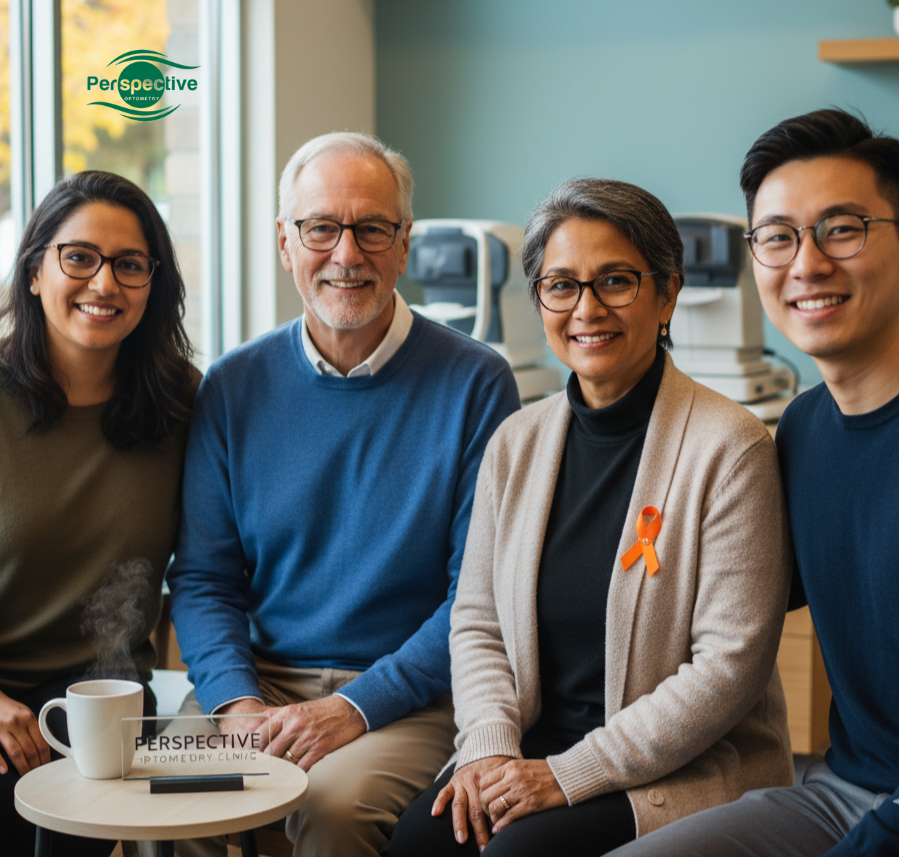 Image: A warm, inviting image of a diverse group of people smiling, some wearing glasses, perhaps subtly hinting at healthy eyes. Or a close-up of a doctor gently examining a patient's eye with modern equipment. 