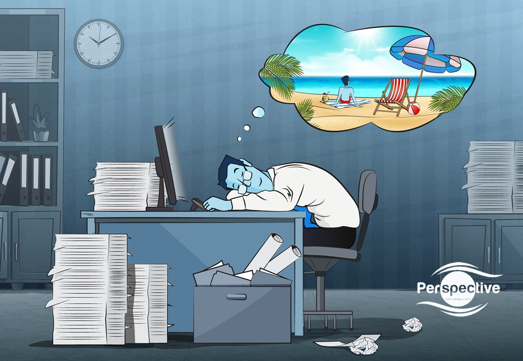 Illustration of office eye strain and mental fatigue, showing a worker at a computer dreaming of a sunny beach to represent the need for visual rest and polarized lens protection.
